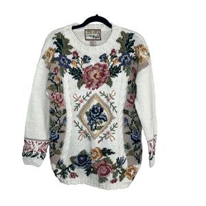Vintage Crystal Kobe Sweater Women's Large White Floral Knit Grandma Core 90s